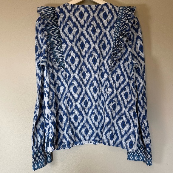 Sezane Blue White Black Button Front Ruffle Boby Blouse Size Medium - Picture 4 of 9